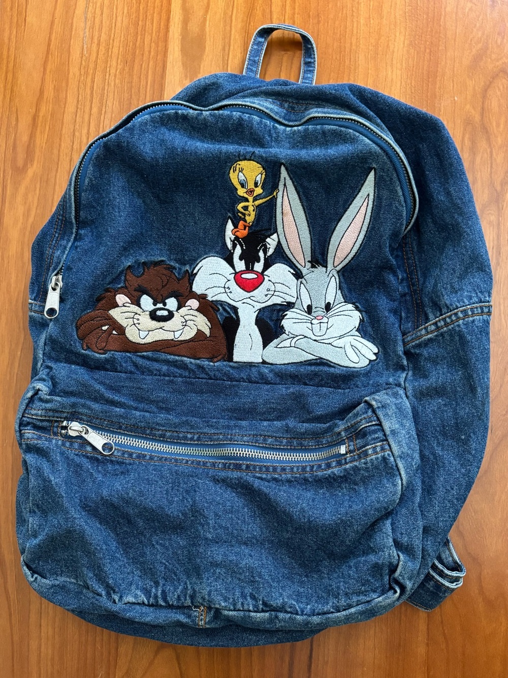 NWOT Warner Bros. Denim Backpack with Tweety, Sylvester, Taz & Bugs Bunny - Blue